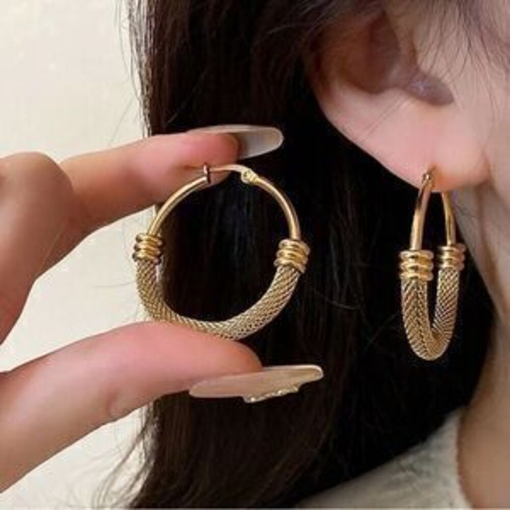 Gold Plated Stainless Steel Textured Hoop Earrings